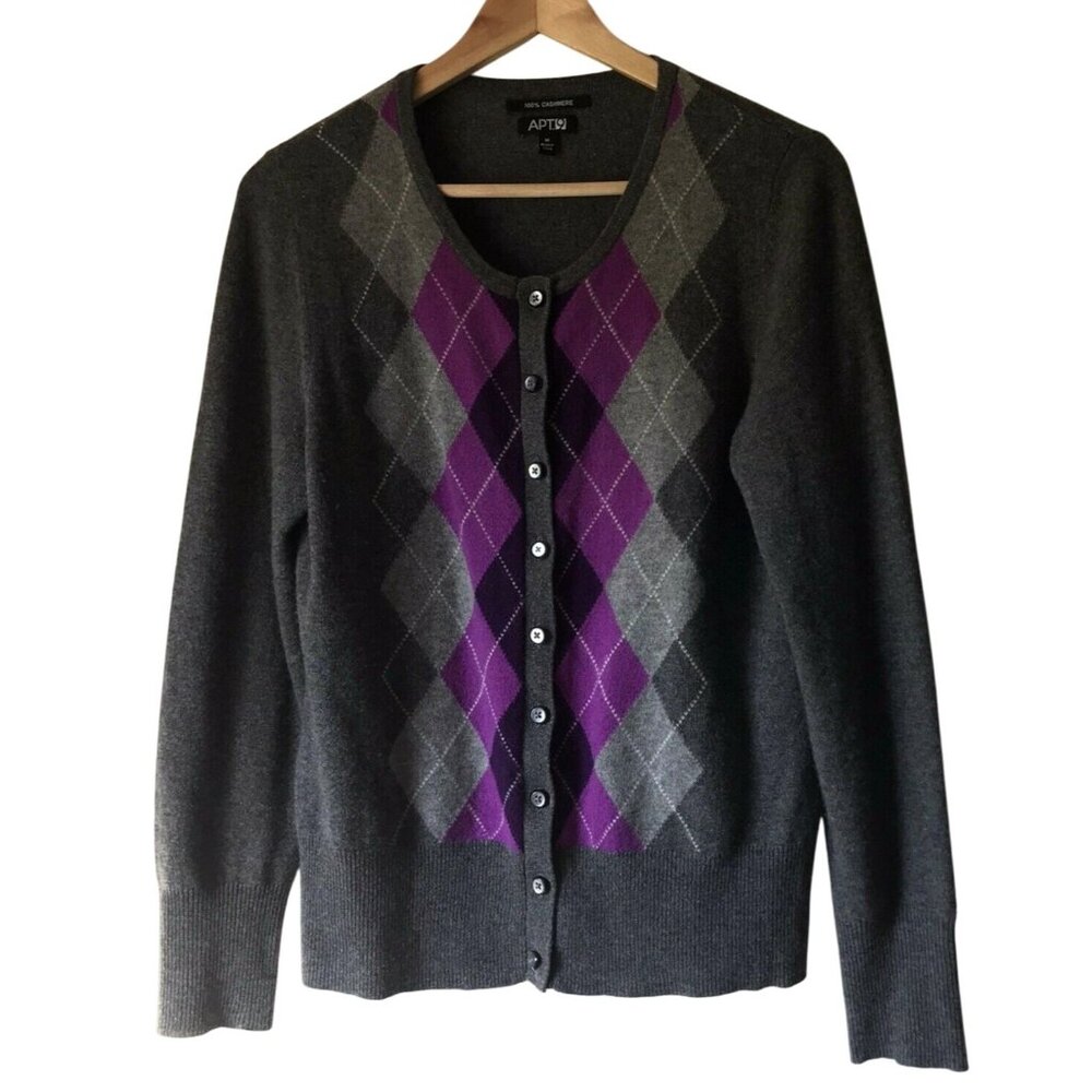 APT.9 Women Size M Argyle Cashmere Cardigan‎ Sweater Gray Purple Academia Preppy